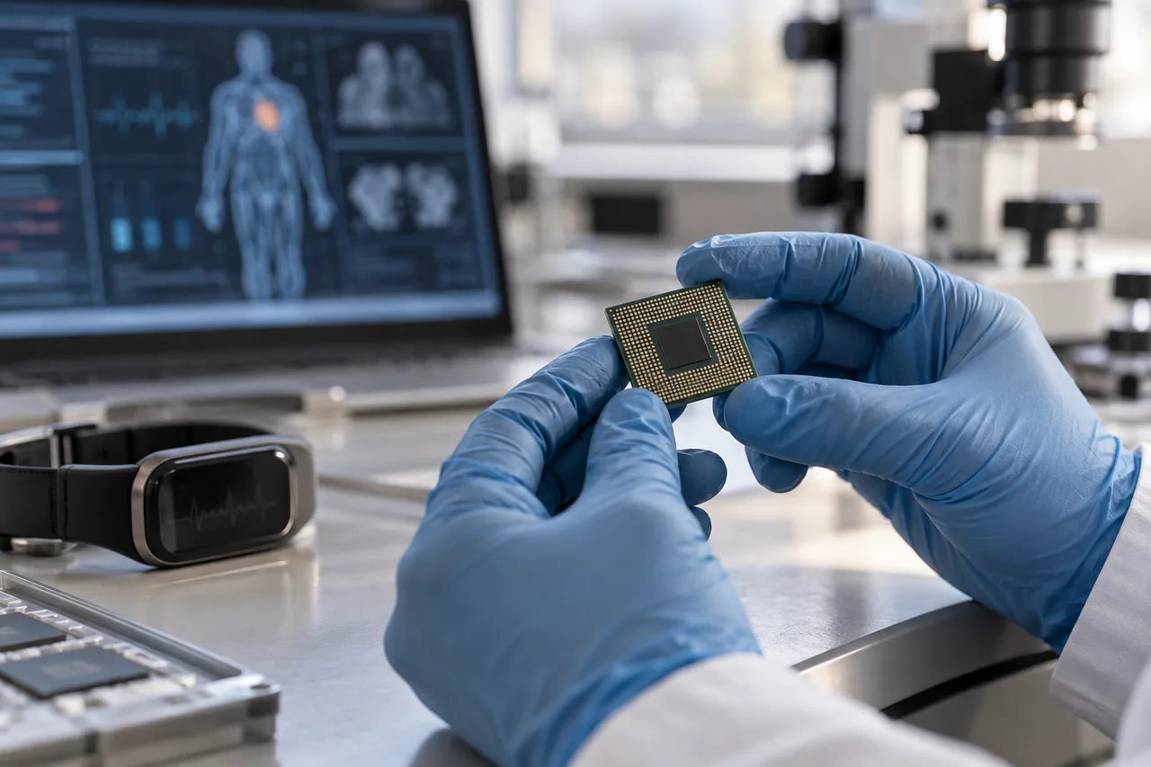 의료 화면과 손목형 기기가 놓인 작업대에서 장갑 낀 두 손이 사각 반도체 부품을 들고 있는 모습.
