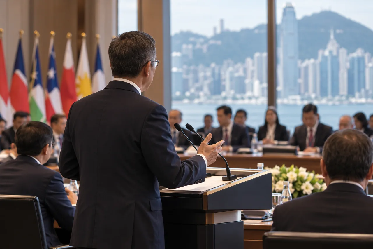도시와 바다가 보이는 창을 배경으로 참석자들을 향해 손짓하는 정장 차림 인물의 뒷모습과 연단, 마이크, 여러 국기.