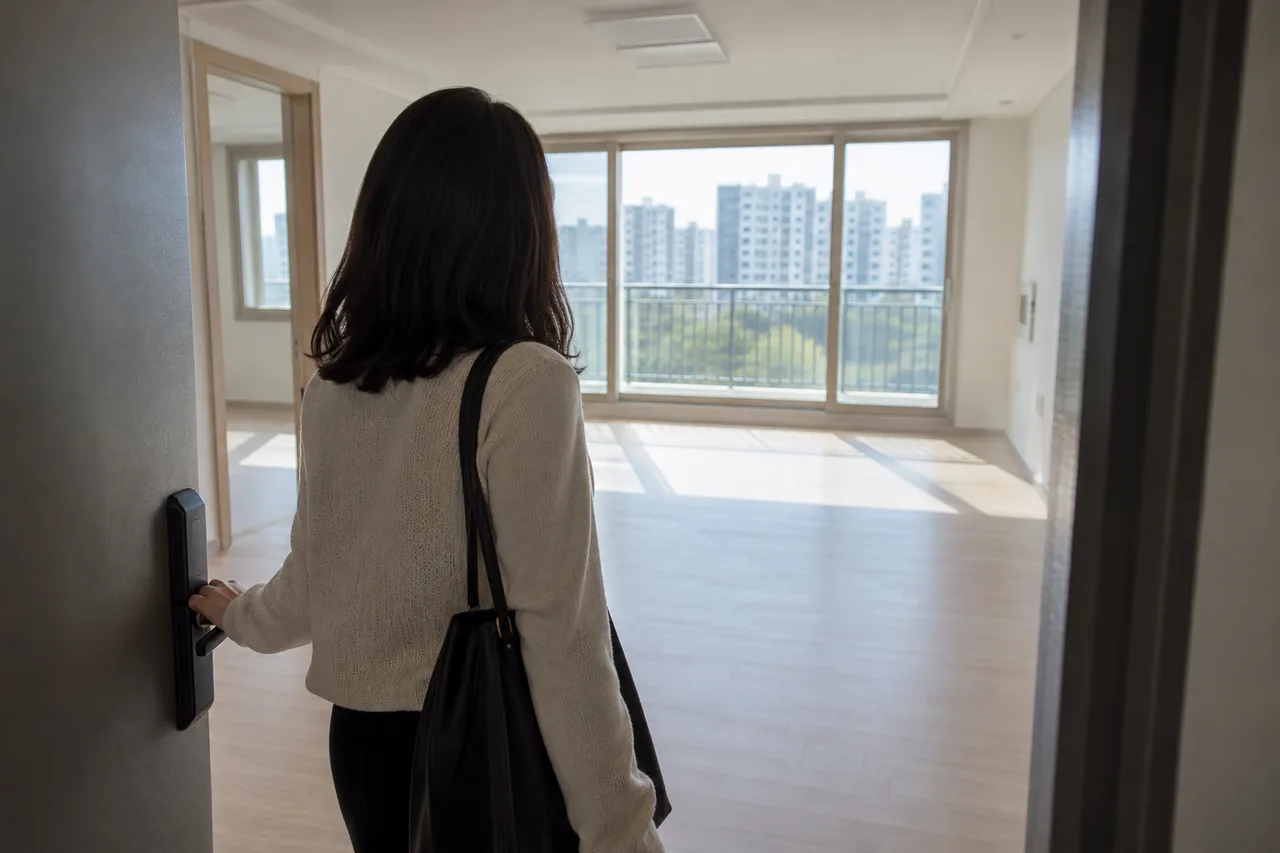 출입문 손잡이를 잡은 인물의 뒷모습과 햇빛이 들어오는 빈 아파트 거실, 창밖 아파트 건물들.