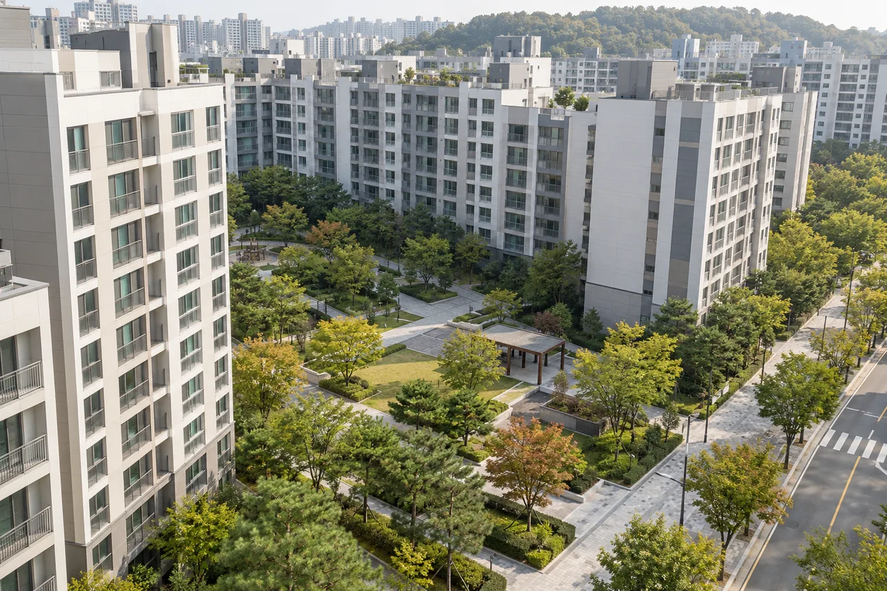 아파트 건물들 사이에 나무와 잔디, 포장 산책로와 정자가 배치된 단지를 높은 곳에서 내려다본 모습.