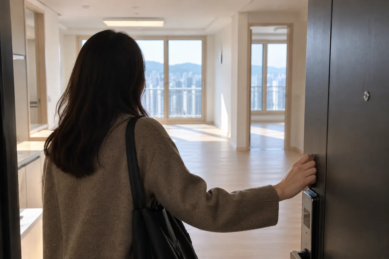 검은 가방을 멘 성인이 현관문을 잡고 밝은 빈 아파트 내부를 바라보는 뒷모습.